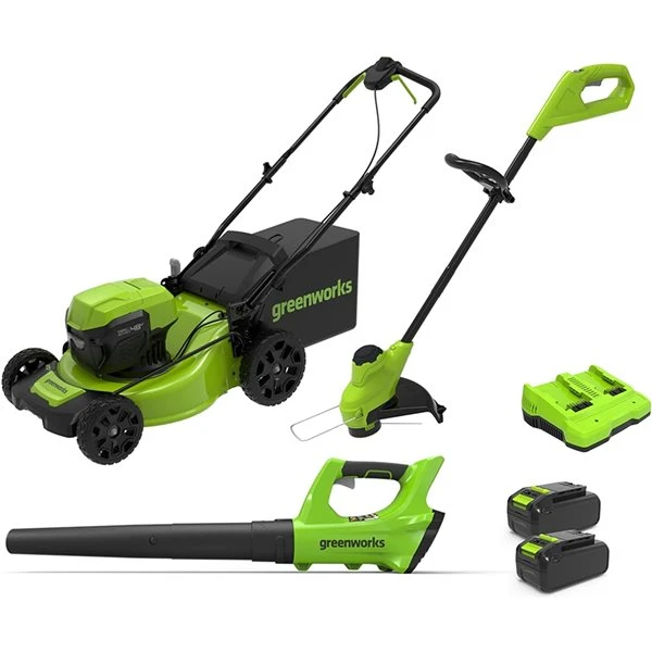 Greenworks 48-Volt Lawn Mower, Trimmer and Leaf Blower Combo Kit (Batteries and Charger Included) - 6-Piece 1 Greenworks 48-Volt Lawn Mower, Trimmer and Leaf Blower Combo Kit (Batteries and Charger Included) - 6-Piece